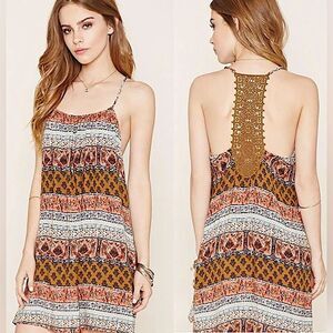 Forever 21 Brown Orange Boho Paisley Patterned Crochet Back Mini Dress Size M